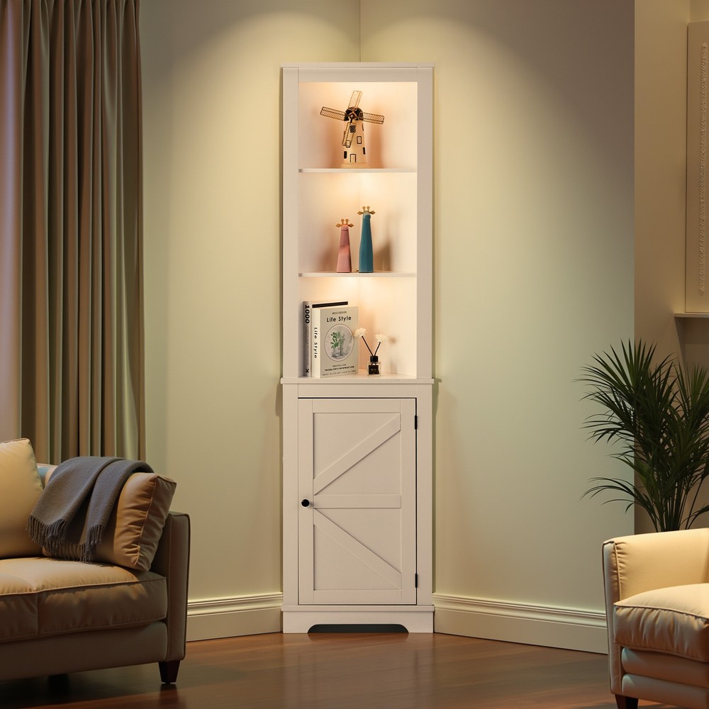 71"Farmhouse Corner Cabinet with LED Light 5 Tier Corner Bar Cabinet Display