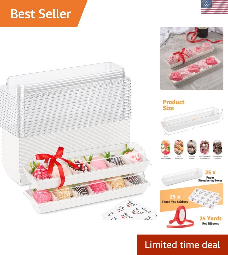 25 Pack Paper Strawberry Boxes with Clear Lids, 12 x 2.6 x 2 Inches White Lon...