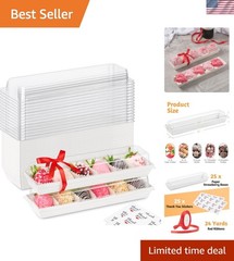 25 Pack Paper Strawberry Boxes with Clear Lids, 12 x 2.6 x 2 Inches White Lon…