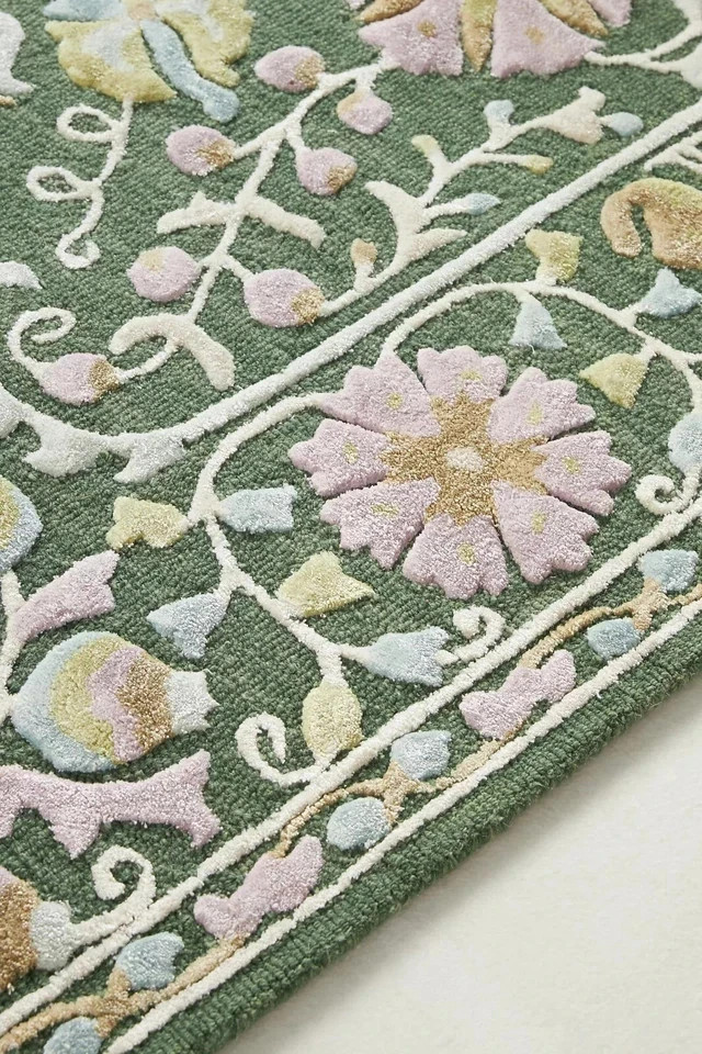 Handmade Wool & Silk Tufted Rug Floral Botanical Design Green Carpet gallery