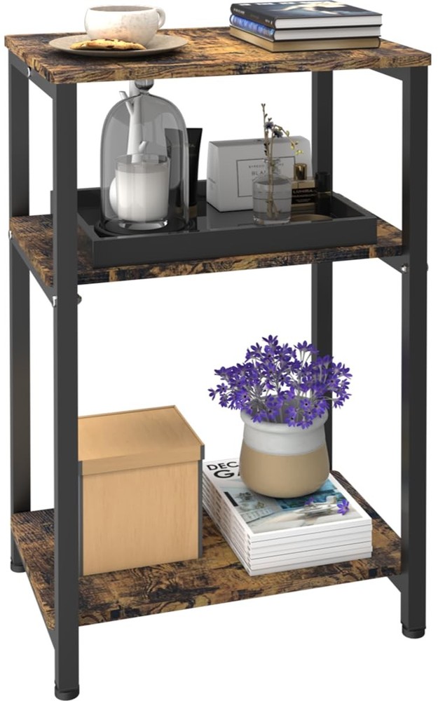 3 Tier Side Table Rustic Brown Black Narrow Nightstand End Table with Shelves