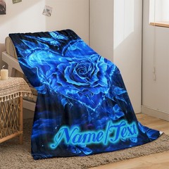 Customizable Name Elegant Blue Rose and Butterfly Flannel Throw Blanket, Digit