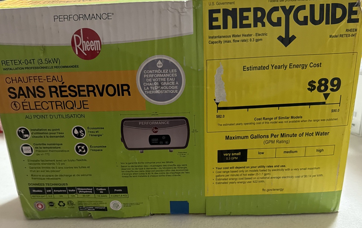 Rheem Performance Electric Tankless Water Heater RETEX-04T 3.5KW. gallery