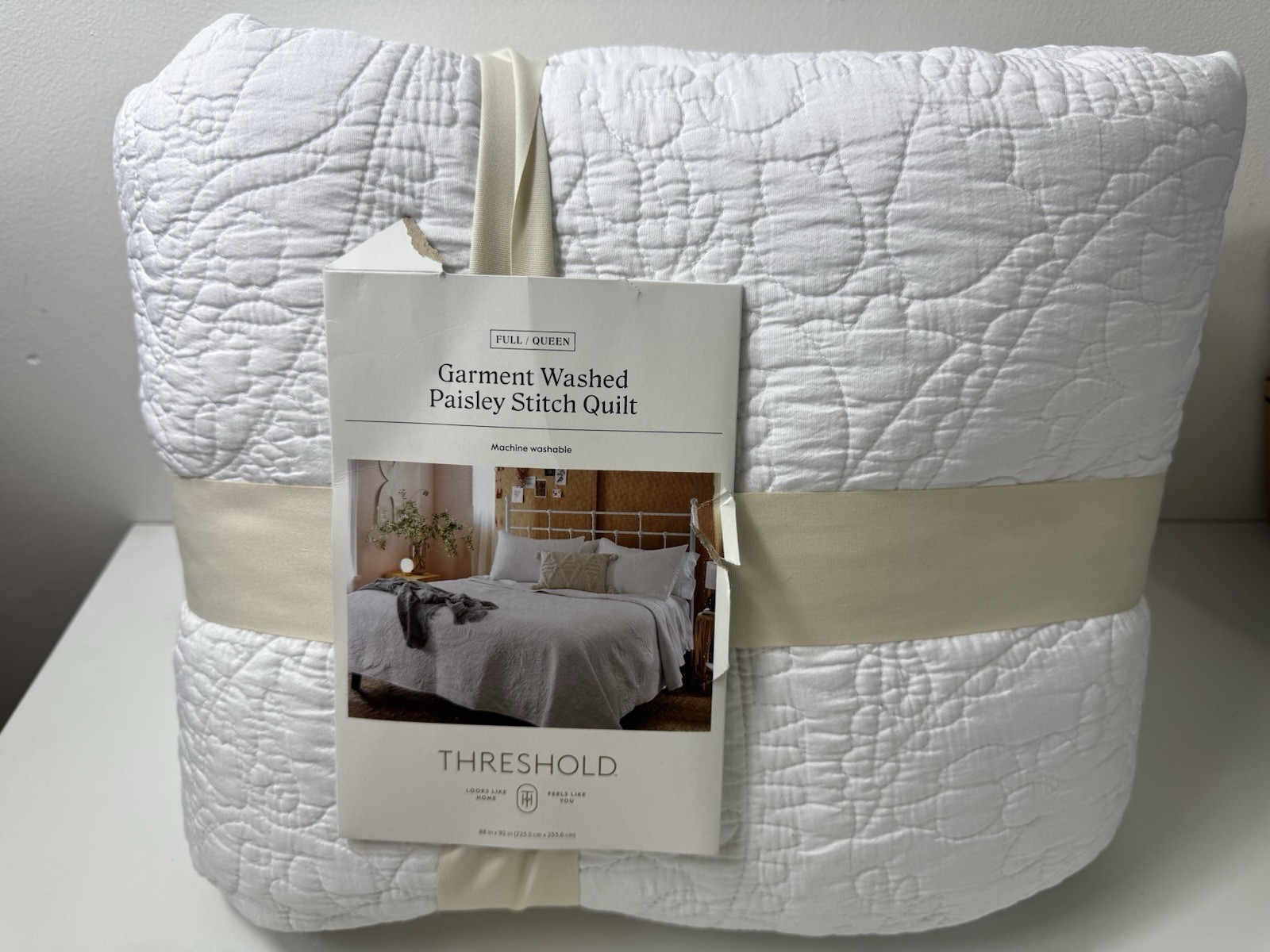 Threshold Garment Washed Paisley Stitch Quilt Full/Queen White 88 in x 92 in New gallery