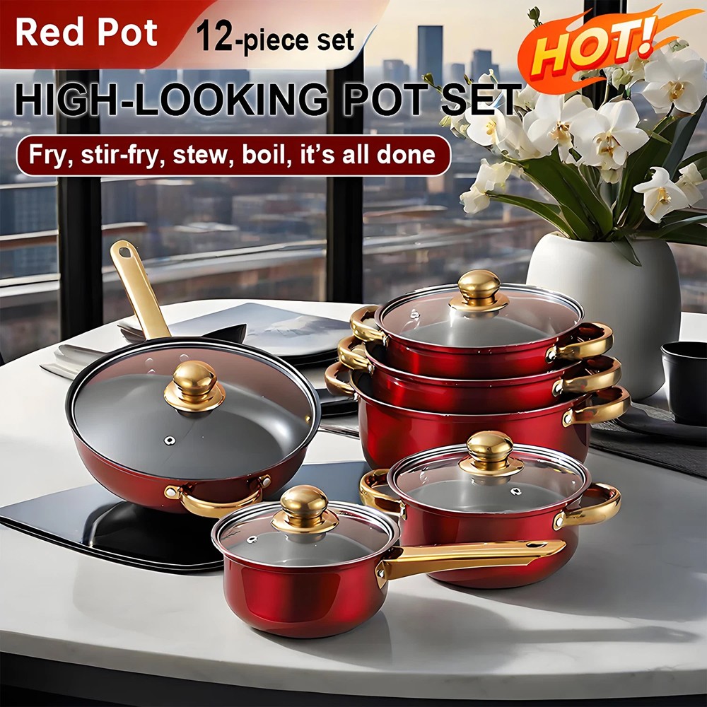 12 Piece Cookware Set Nonstick Pots and Pans Home Kitchen Cooking Non Stick, Red gallery