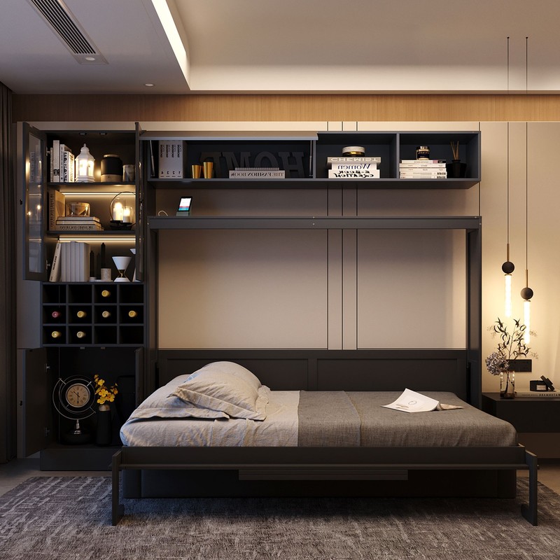 Full Size Murphy Bed with Sofa, Shelves, USB & Light, Gray gallery