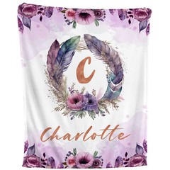 Floral Feather – Personalized Flower Boho Fleece Throw, Custom Kids Baby Gift