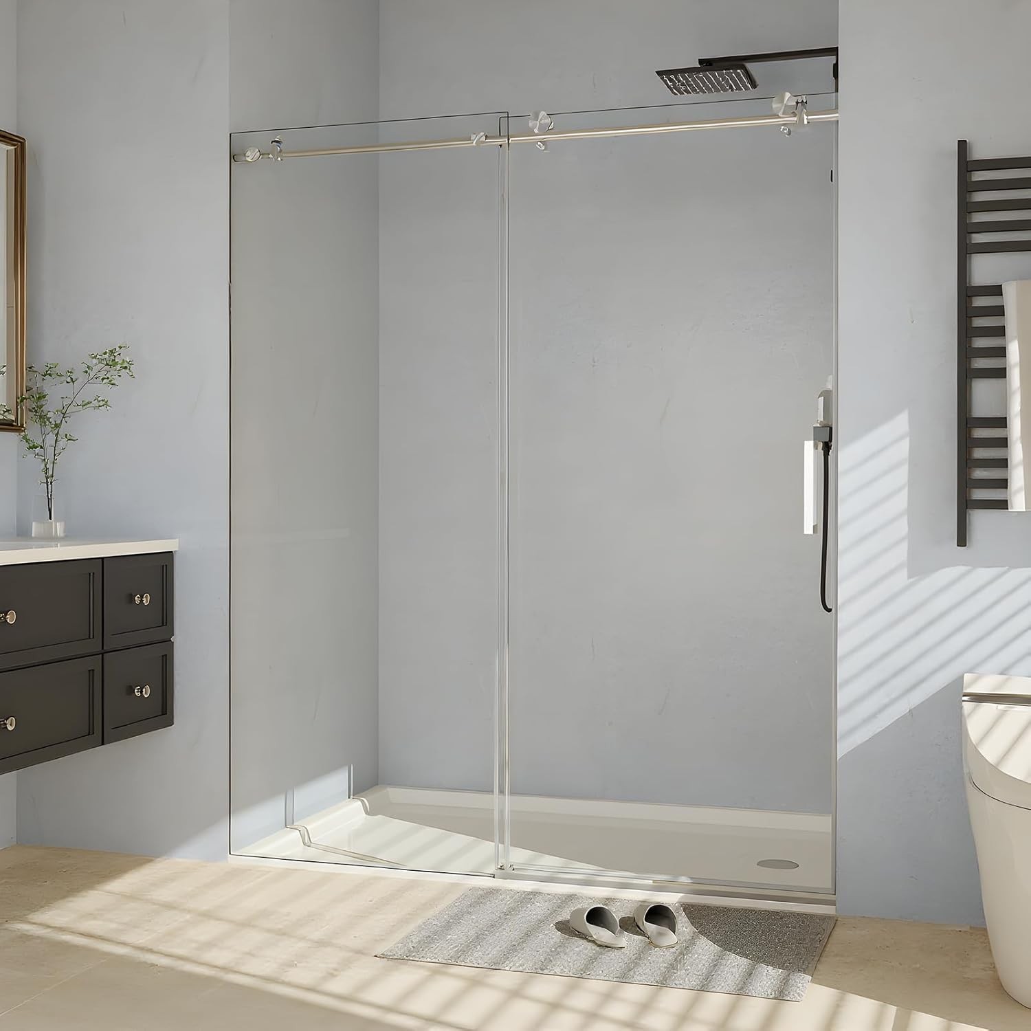 44-48"W x 76"H Frameless Single Sliding Shower Door 5/16" (6mm) Thick 55 Rollers gallery