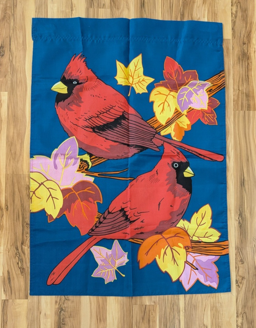 Two Cardinals & Autumn Leaves Fall Yard House Classroom Flag 41 x 29 Inches gallery