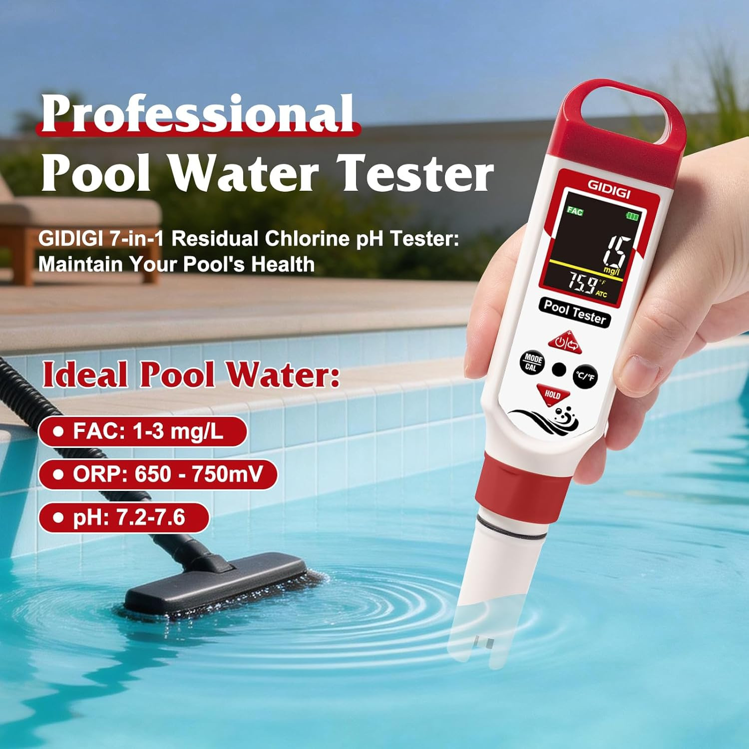 Digital Chlorine Tester Pool Salinity Meter, 7-In-1 Ph Meter Test FAC Ph Salt OR gallery