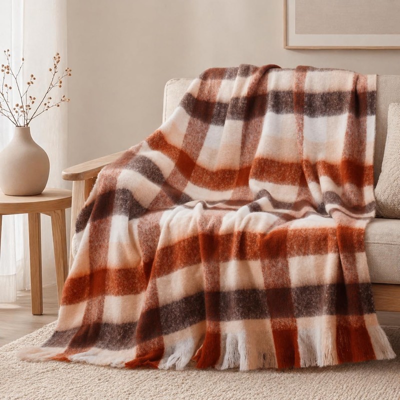 Rust Plaid Throw Blanket for Couch Bed, Soft Mohair Tartan Plaid Blanket, Far... gallery