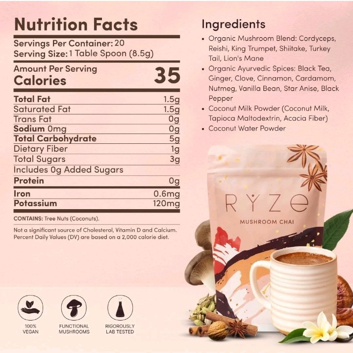RŸZE Mushroom Chai With 6 Adaptogenic Mushrooms Beverage Powder Exp. 02/2027 gallery