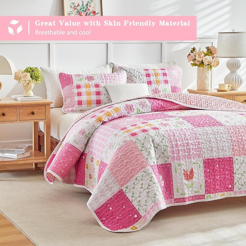 Patchwork Quilt Set Twin Size 2 Pieces White Pink Floral Plaid Reversible Americ gallery