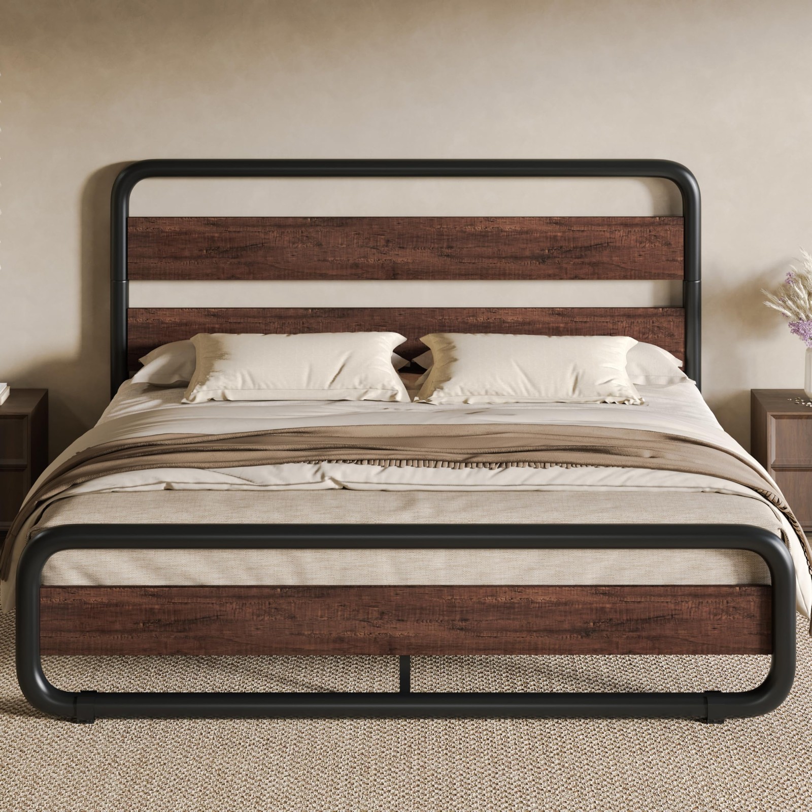 SHA CERLIN Queen Size Metal Bed Frame with Wooden Headboard gallery