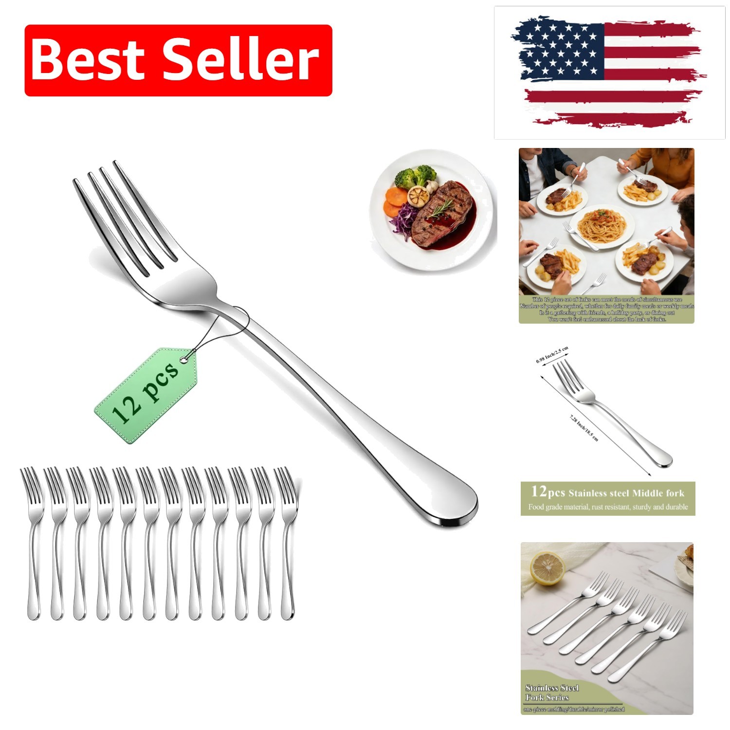Dinner Forks Set 12pcs 7.28", Stainless Steel table Fork, Dessert Salad Forks... gallery