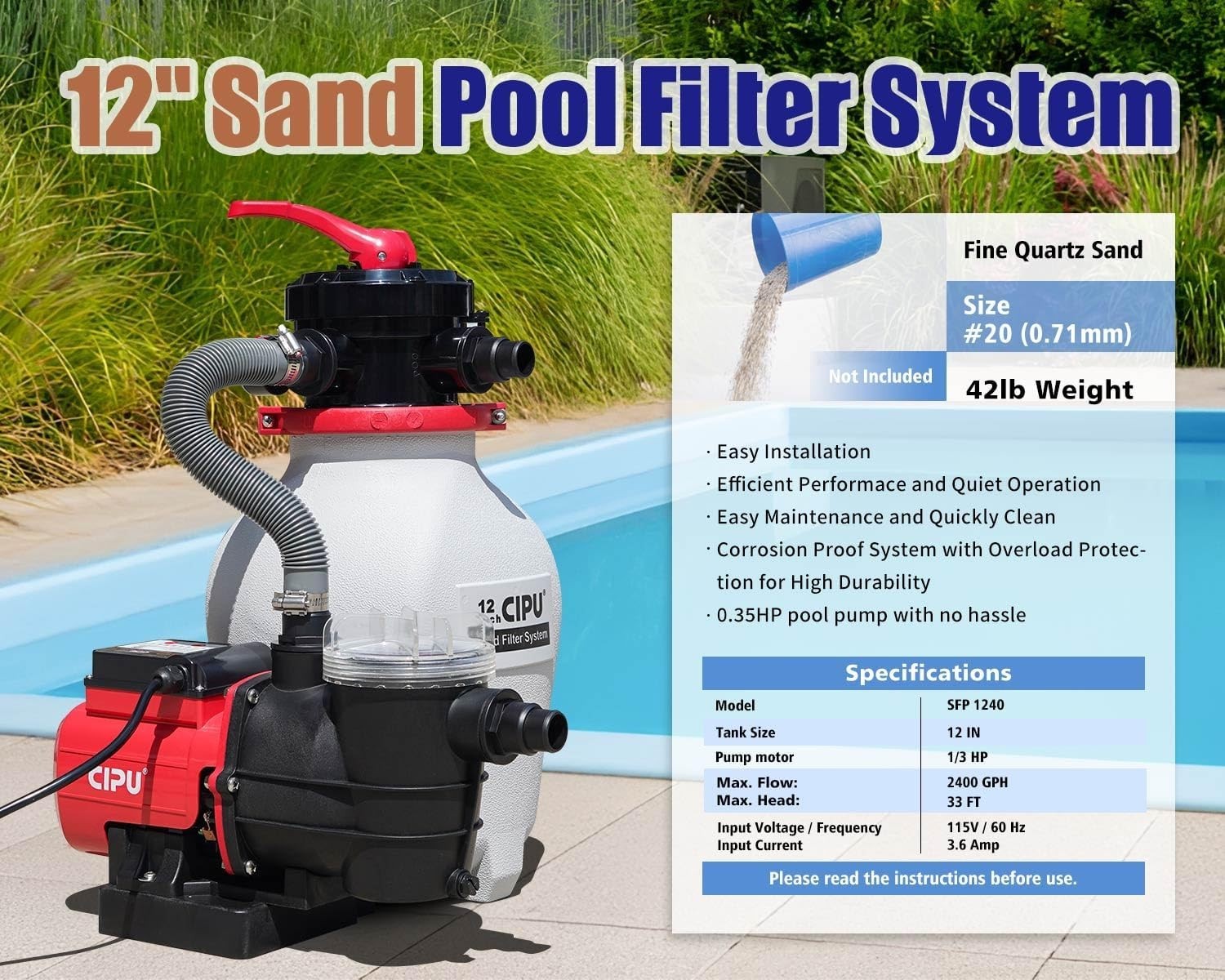 CIPU 12inch Sand Filter Pump System for Above Ground Pools 1/3 HP gallery
