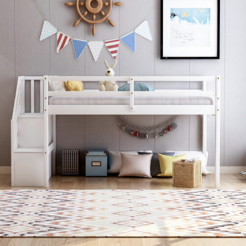 Twin Over Twin Floor Loft Bed Floor Bunk Bed Wood Bunk Bed with Storage Stairs gallery