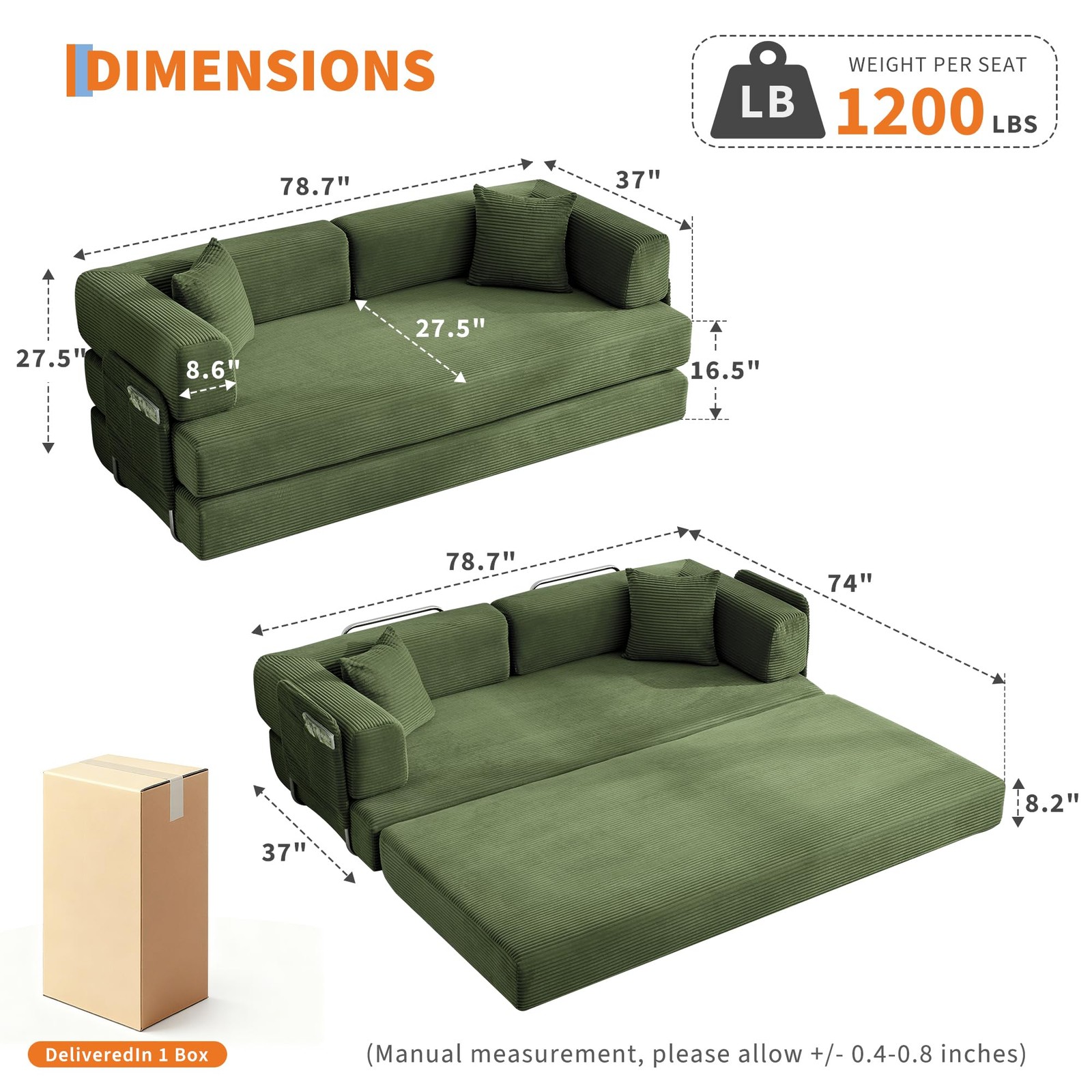 ⛳78.7" Oversized 5-in-1 Convertible Corduroy Sleeper Folding Sofa Bed W/Pillows gallery