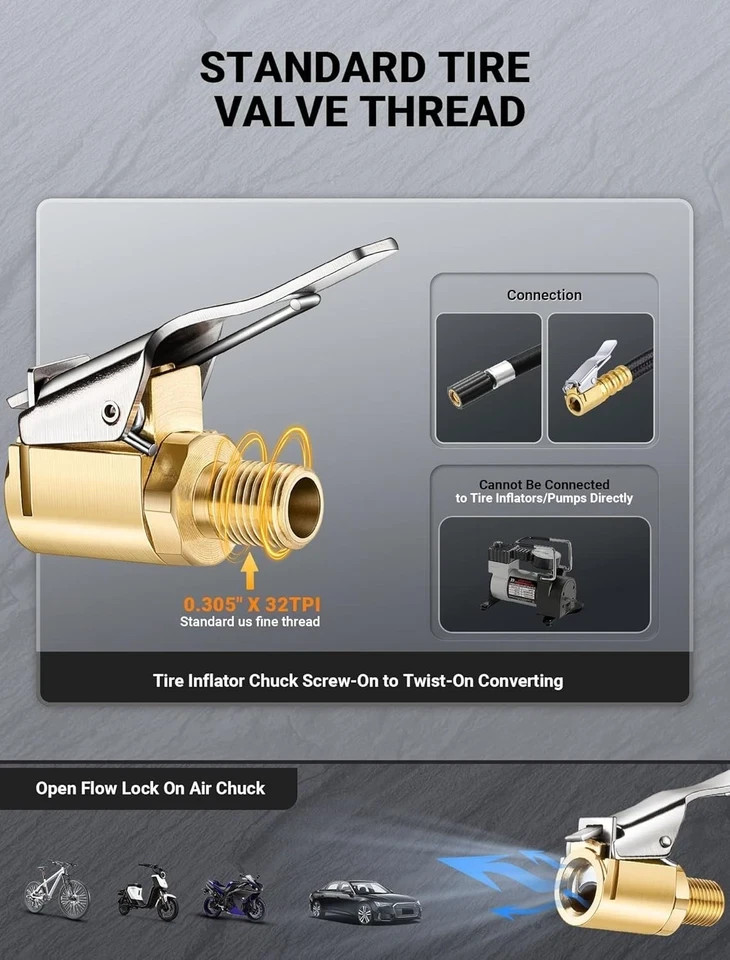 Brass Locking Tire Air Chuck, Tire Inflator Hose Adapter for Twist On Connect... gallery