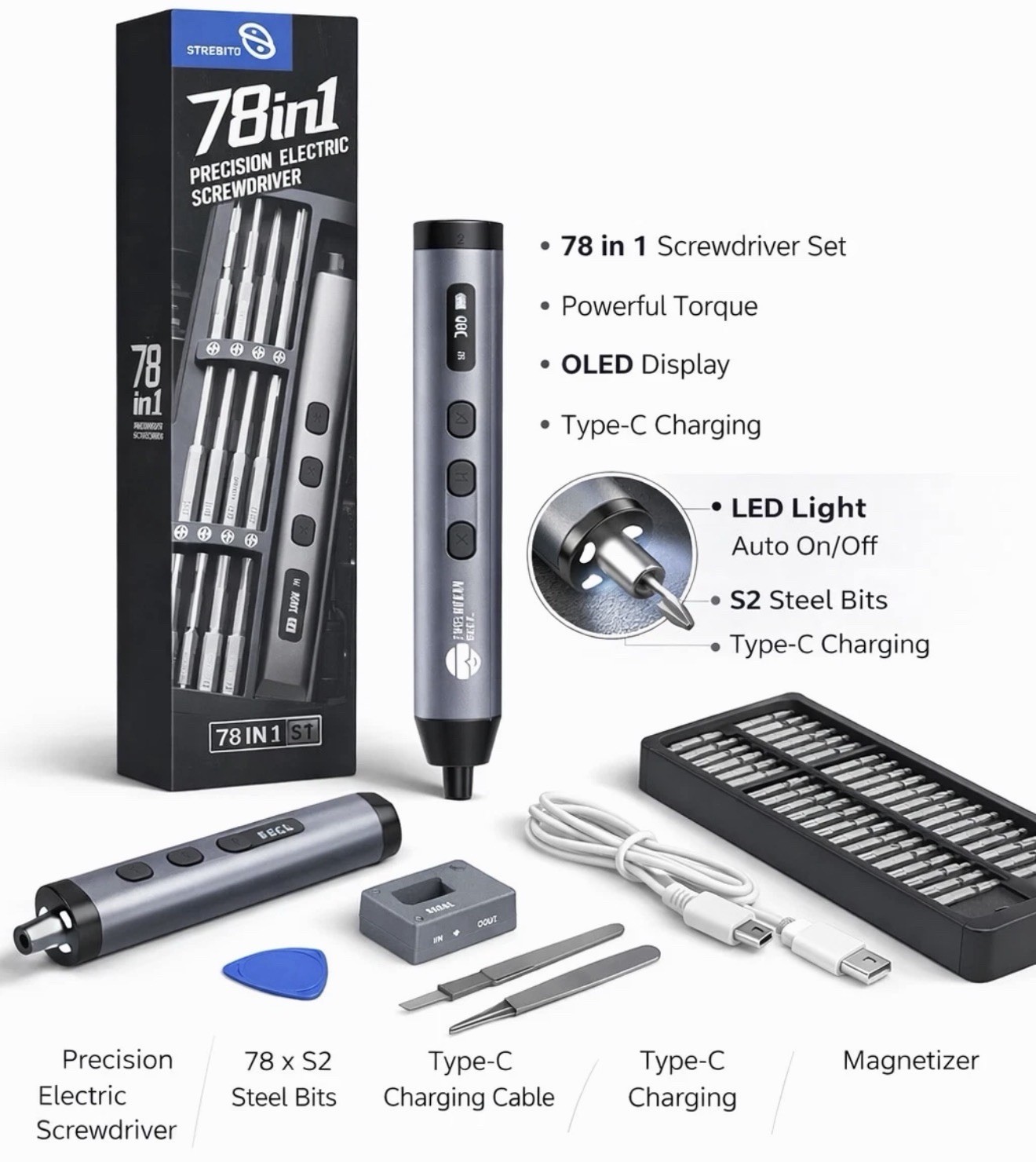 STREBITO 78 in 1 Precision Electric Screwdriver Set OLED Type-C Rechargeable New gallery