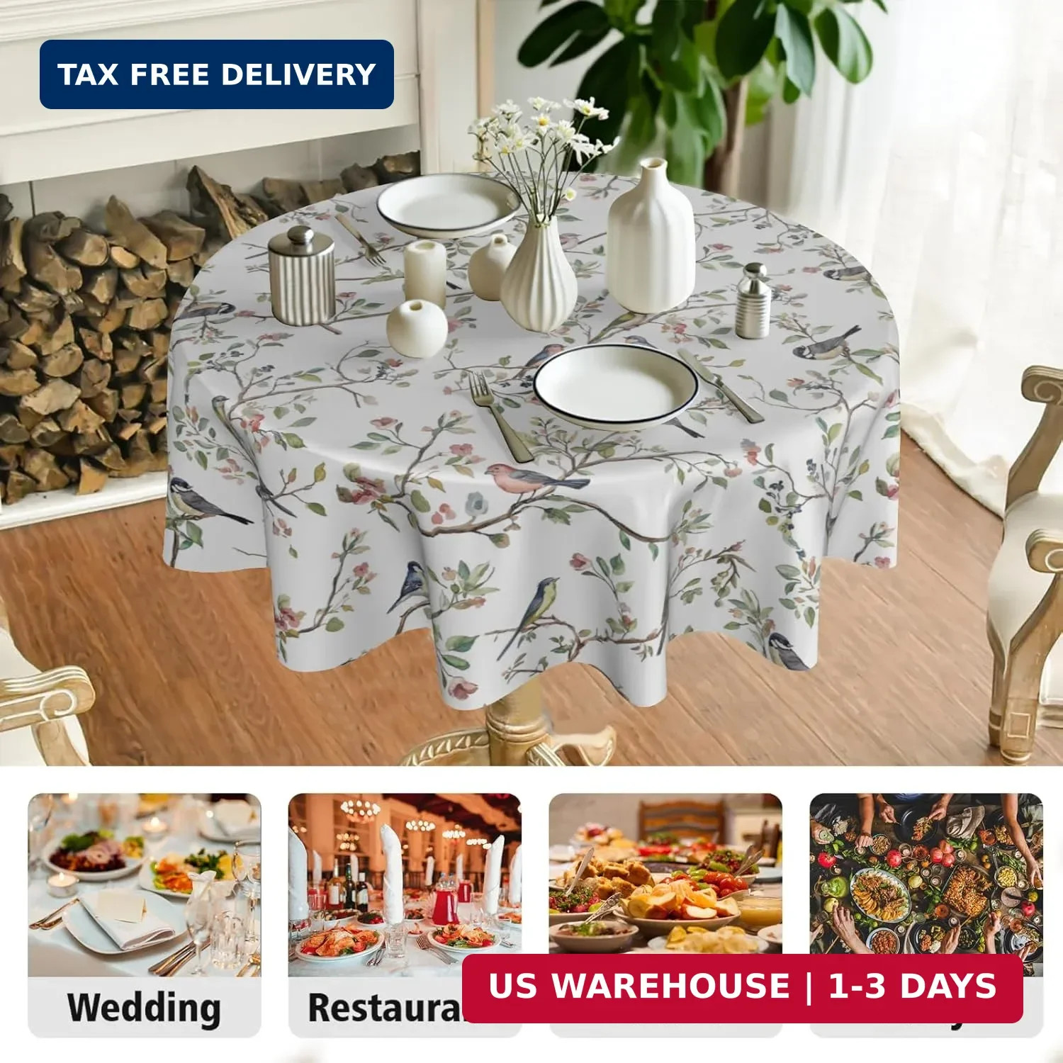 Spring Round Tablecloth 70 Inch, Watercolor Floral Birds Summer Farmhouse Washab gallery