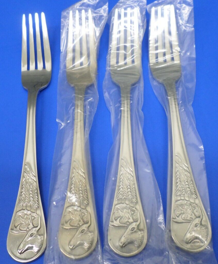 4 - Cambridge CARIBOU Deer Elk Trees Moose Satin Stainless Flatware DINNER FORKS gallery