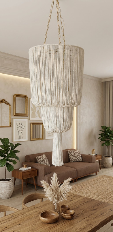 Fringe High Ceiling Light Fixture 55cm, Boho Pendant Light, Macrame Chandelier gallery