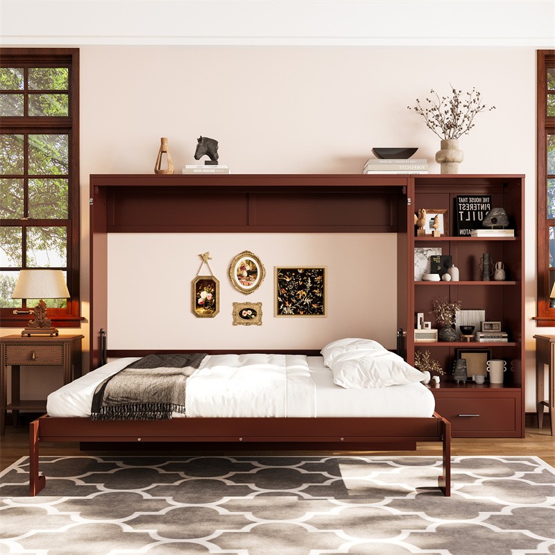 Queen Size Murphy Bed Multifunctional Foldable Bed Wall Bed Frame w/Drawer Walnu