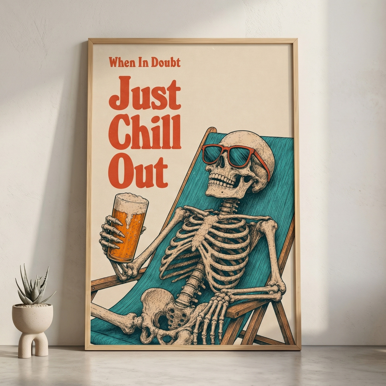 Skeleton Chill Out Poster Retro Beer Sunglass Lounge Chair Wall Art Decor Print gallery