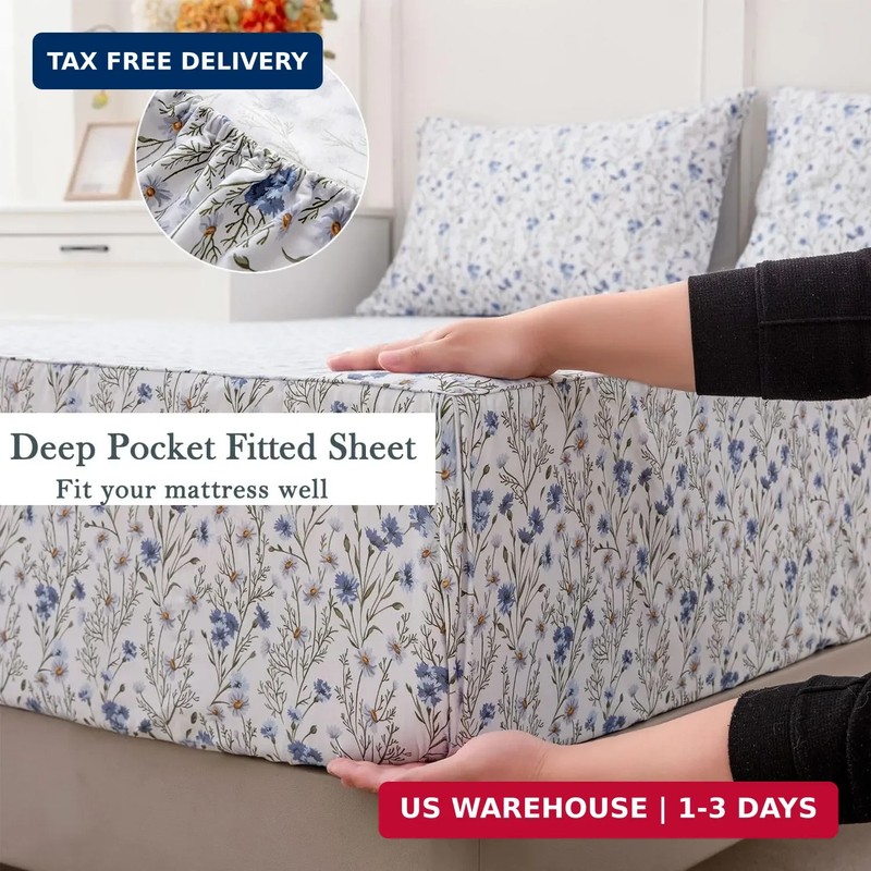FADFAY 100% Cotton Percale Sheet Set California King - Blue Meadow Floral Beddin gallery