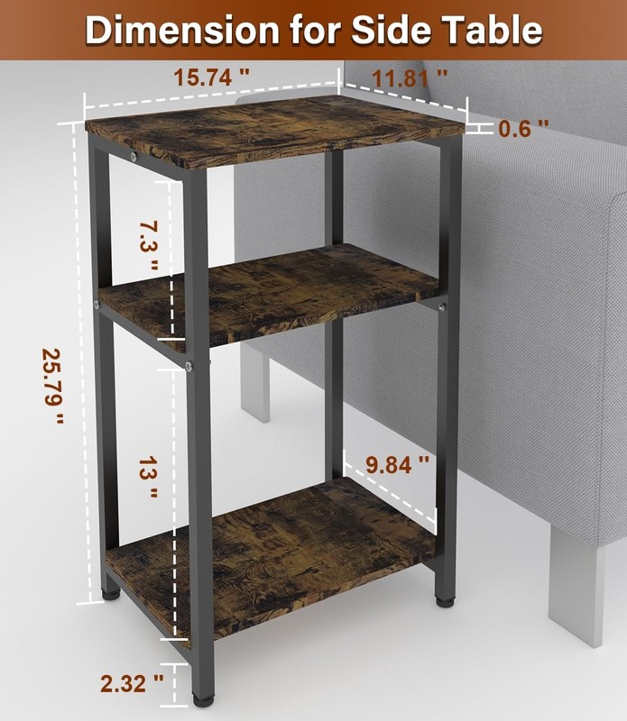 3 Tier Side Table Rustic Brown Black Narrow Nightstand End Table with Shelves gallery