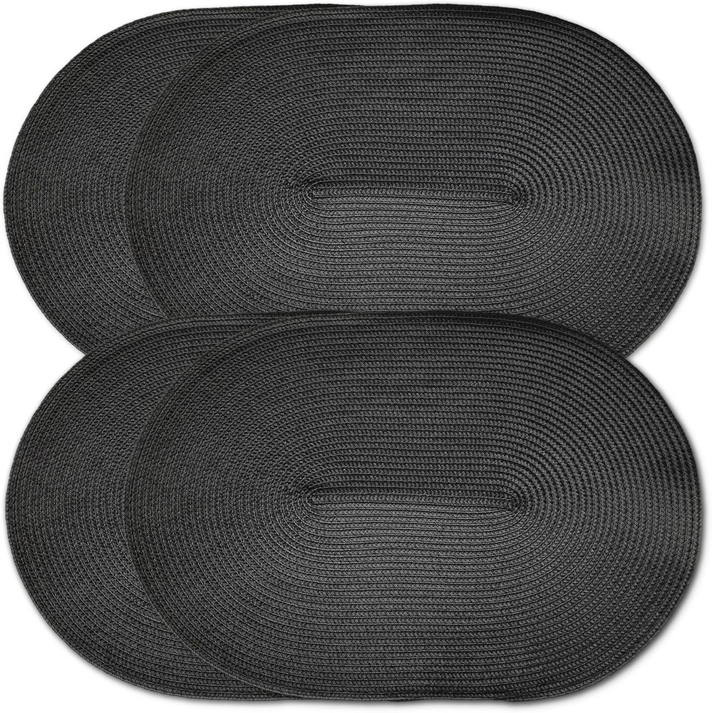 Oval Braided Woven Polypropylene Plastic Placemats (Black), Set of 4