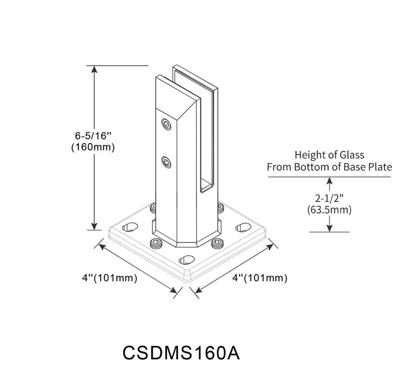 CSDMS160A- Glass Railing Adjustable Square Heavy Duty Spigot, 2"X 2"x 6 1/4" gallery