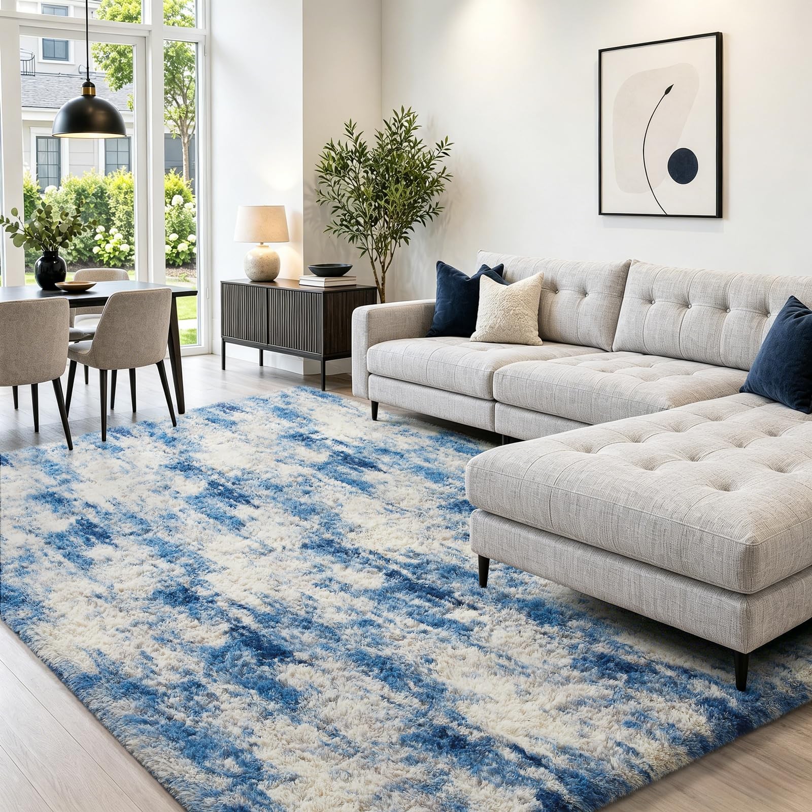 Area Rug 5x7 Fluffy Shag Plush Soft Carpet Blue White Grey Ophanie Rugs Living gallery