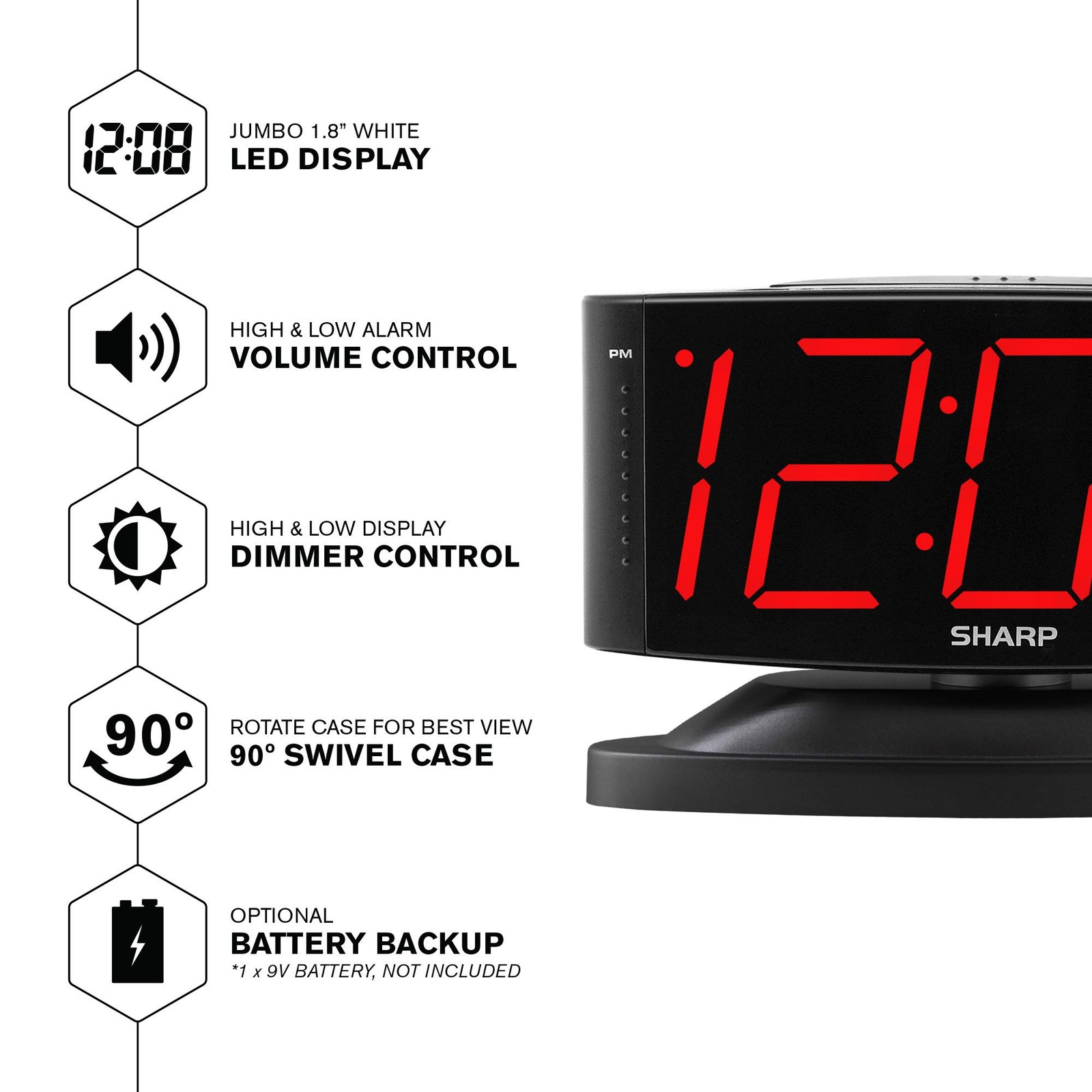 SHARP Home LED Digital Alarm Clock – Swivel Base - Outlet Powered, Simple gallery