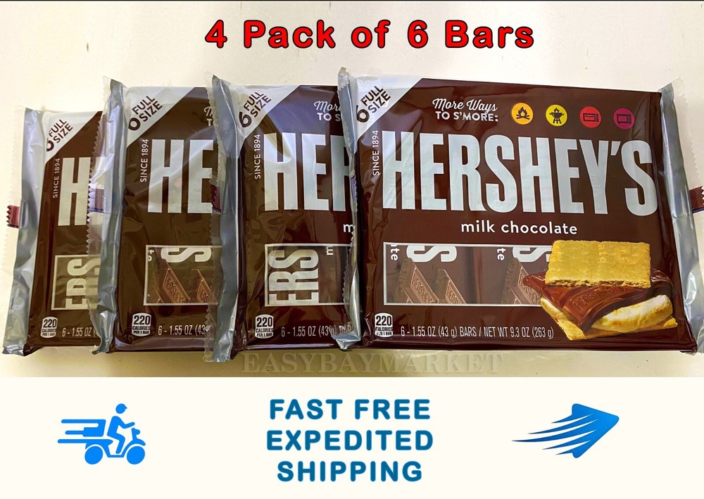 4 Pack Hershey's Milk Choclate Bars (6 Bars Per Pack) TOTAL 24 Bars (2.33 Lbs)