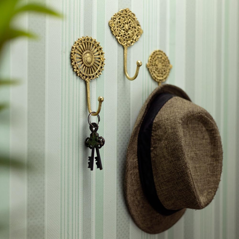 Solid Brass Boho Decorative Wall Hooks - Holds Up to 33 lbs - Vintage Gold Wall gallery