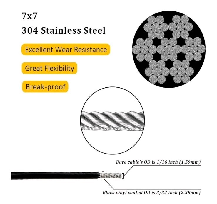 Vinyl Coated Wire Rope 304 Stainless Steel Coated Wire Cable-Black, 1/16" OD to gallery
