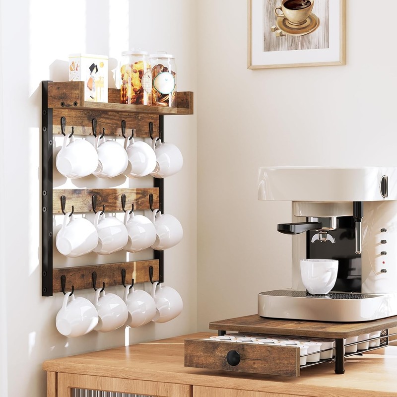 Coffee Mug Holder Stand, 3 Tier Mug Tree Rack, Hanging 12 Cups, with Top Shelf gallery
