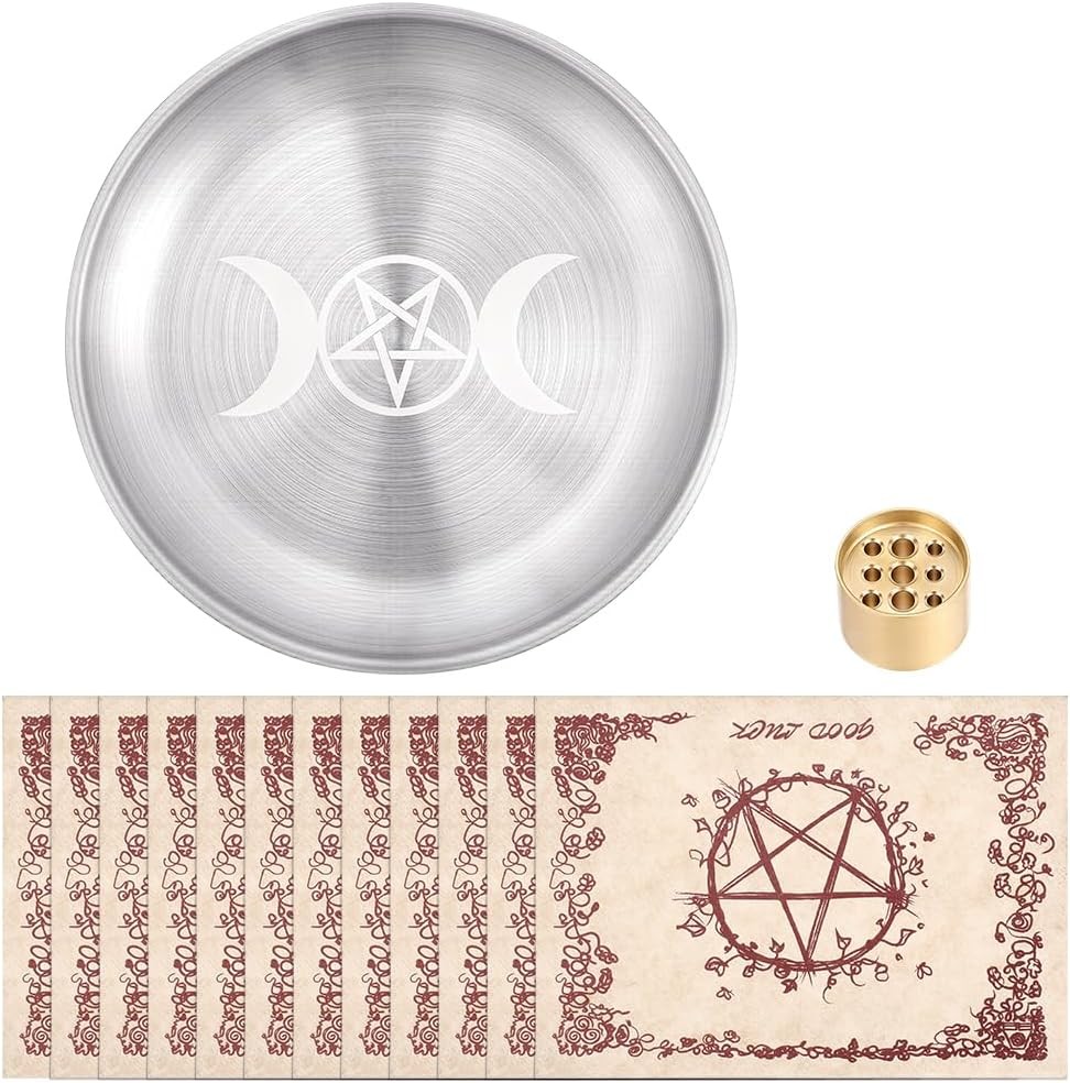 Round Offering Bowl Devotion Ritual Plate with 12Pcs Vellum and 1Pc Incense gallery