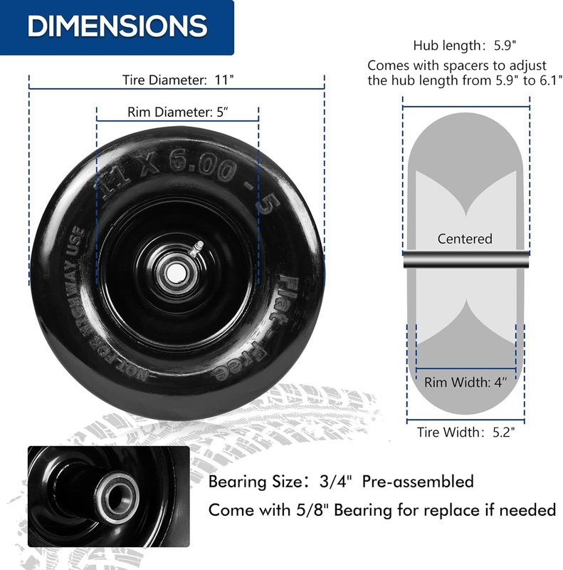 WEIZE 11x6.00-5 Lawn Mower Tire with Wheel Flat Fre Assembly 5.9"- 8.1" Set of 2 gallery