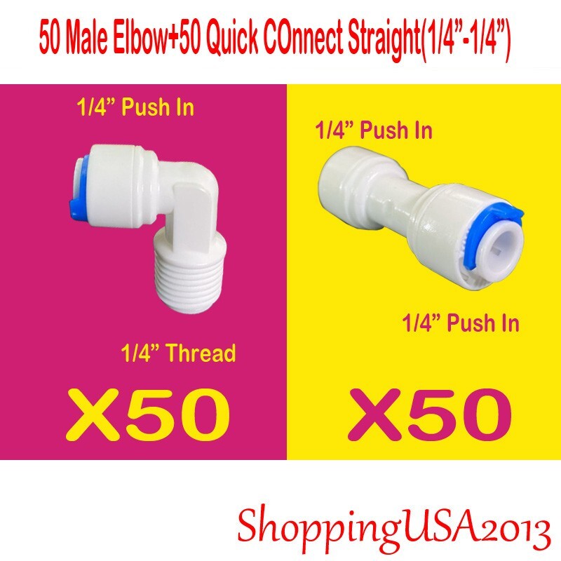 50X Male Elbow +50 X Quick Connect Push In Straight Fitting Connector 1/4"-1/4" gallery