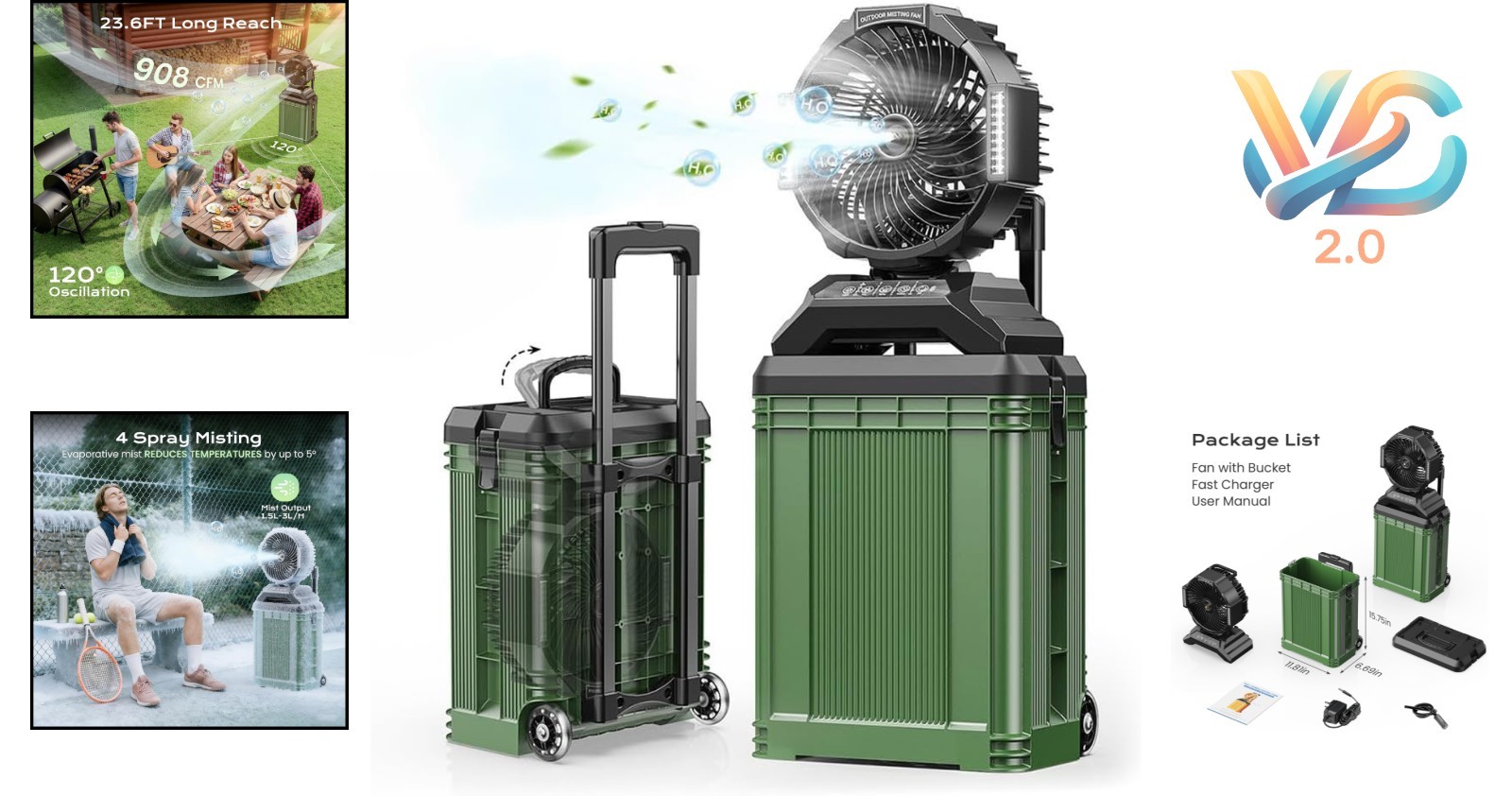 Extra-Large 4 Gallon Misting Bucket Fan 40000mAh Portable Oscillating Camping... gallery