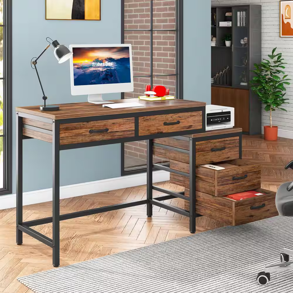 51 In. Rustic Brown Rectangle 5-Drawer Computer Desk, Industrial Desk with Rever gallery