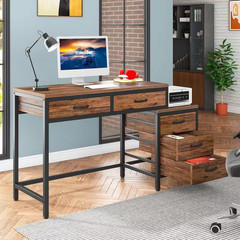 51 In. Rustic Brown Rectangle 5-Drawer Computer Desk, Industrial Desk with Rever