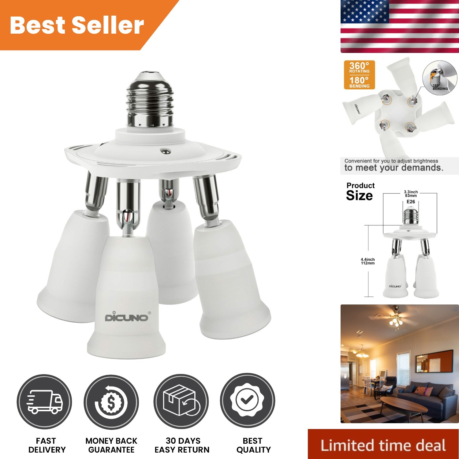 4 in 1 E26 Light Socket Splitter: Adjustable 360° and 180° for Perfect Lighting gallery