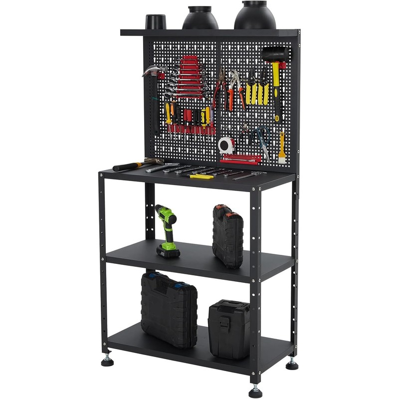 32" Workshop Table Work Bench Garage Steel Tool Storage 2-Tier Shelves PegBoard gallery