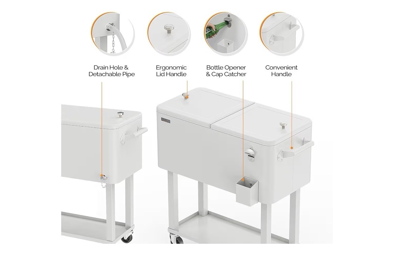 VINGLI 80 QT White Rolling Party Cooler Cart, Bottle Opener, Cap Catcher, 100 C… gallery