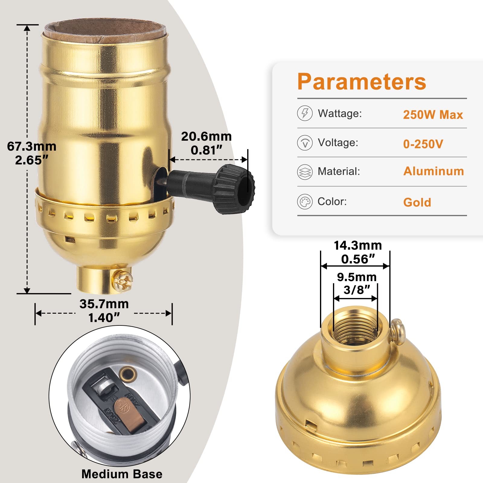 DiCUNO UL Listed 3-Way Lamp Socket Replacement, E26 Standard 1-Pack, Gold gallery