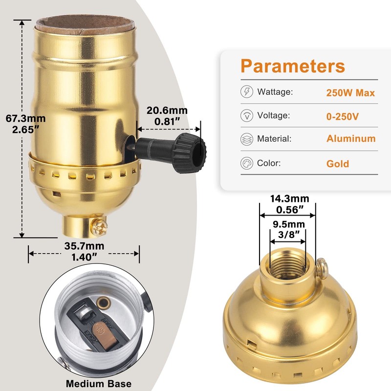 DiCUNO UL Listed 3-Way Lamp Socket Replacement, E26 Standard 1-Pack, Gold gallery